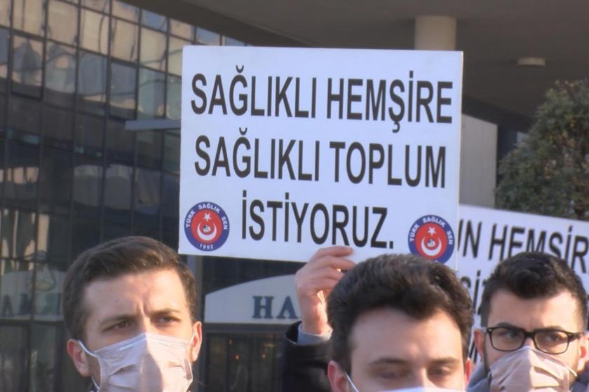 Saldırı protestosunda bir pankart, 'sağlıklı hemşire, sağlıklı toplum istiyoruz'.