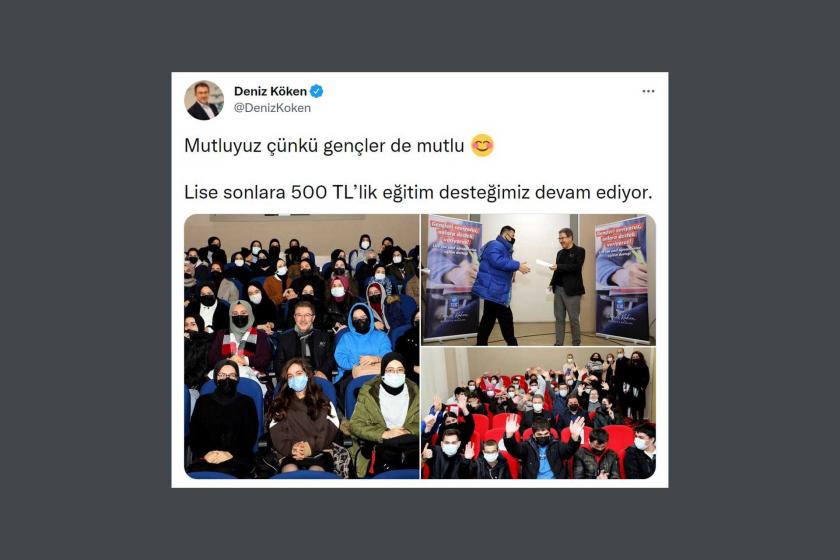 Eyüpsultan Belediye Başkanı Deniz Köken, öğrencilere 500 TL'lik burs zarflarını verirken