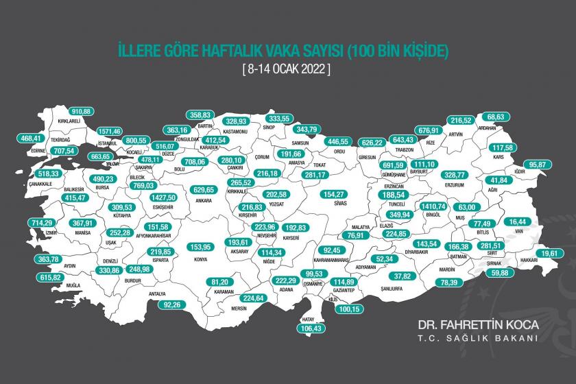 Sağlık Bakanlığının haftalık vaka sayısı haritası (8-14 Ocak 2022)