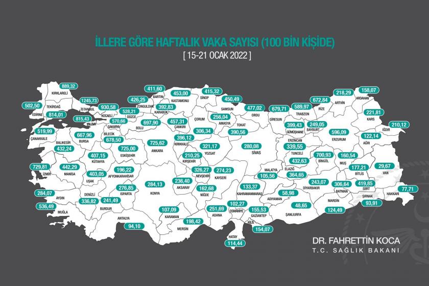 İllere göre haftalık vaka sayısı (15-21 Ocak 2022)