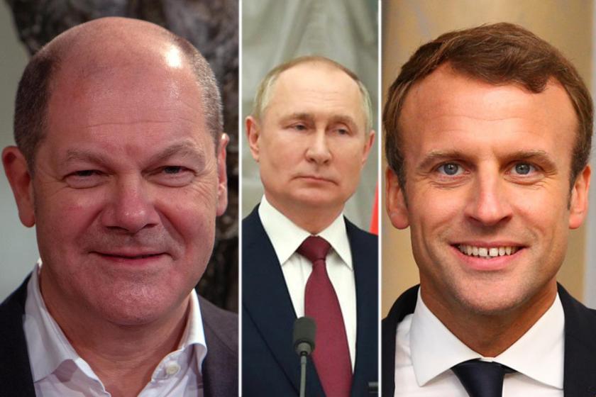 Olaf Scholz, Vladimir Putinn ve Emmanuel Macron'un fotoğrafları