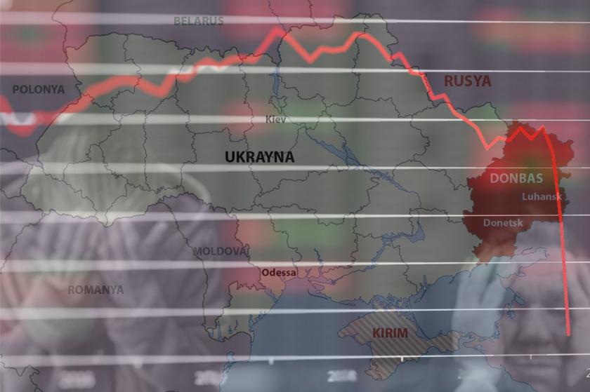 Ukrayna ve Donbass bölgelerini gösteren harita ve ekonomik kriz görseli kolajı 