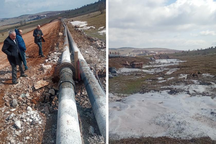 Manisa Gördes'te nikel madeninin atık borusunun patlamasıyla kimyasal atıkların toprağa ve suya karıştığı bölge.