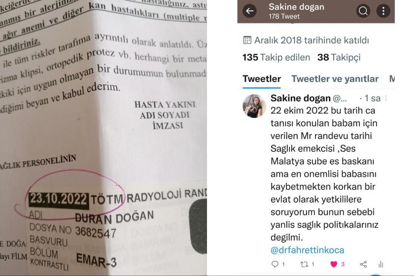 Sakine Doğan'ın babası için verilen MR randevusu ve paylaşımı.