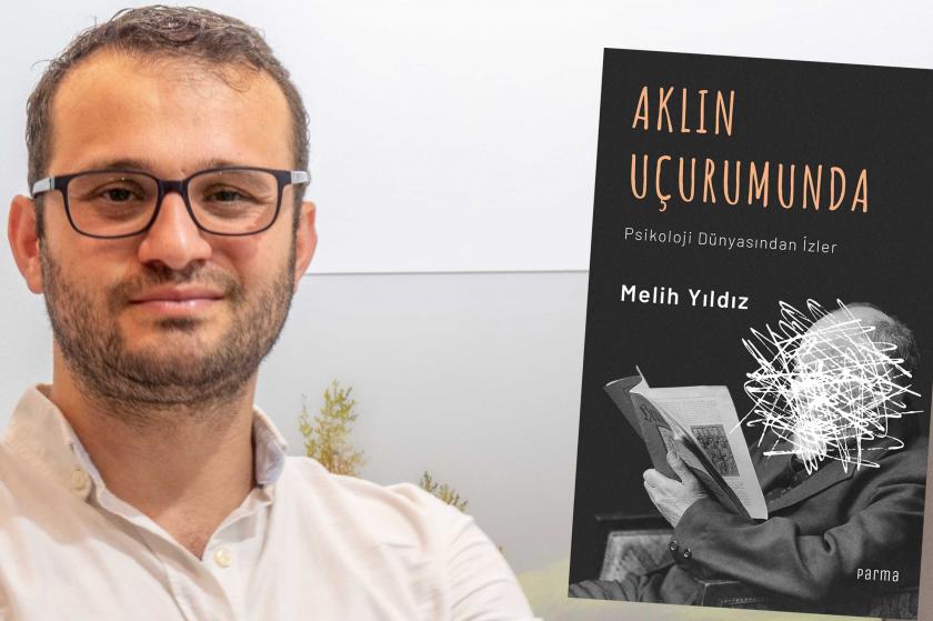 Yazar Melih Yıldız ve 'Aklın uçurumunda' adlı kitabının kapağı