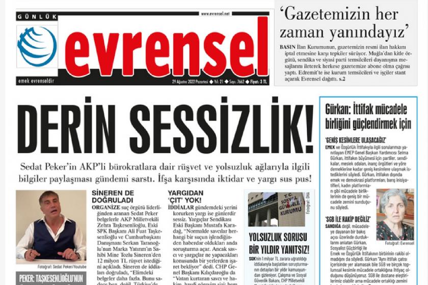  29 Ağustos 2022 Evrensel gazetesi 1. sayfası