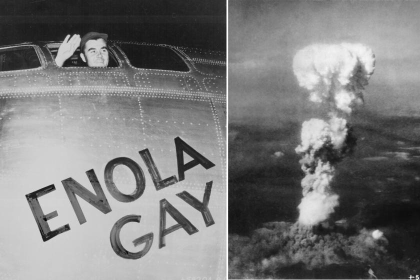 Enola Gay ve atom bombasının bulutunun görüldüğü Hiroşima fotoğrafından kolaj.