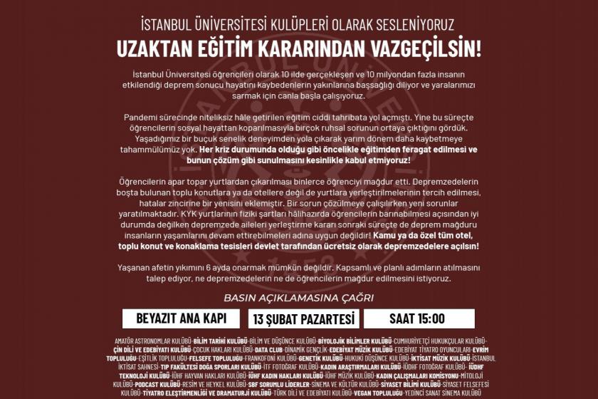 İstanbul Üniversitesi kulüplerinden eylem çağrısı