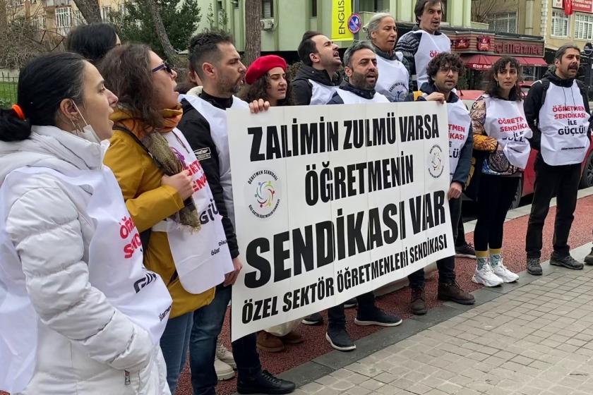 Özel Sektör Öğretmenleri Sendikası bakırköy final okulları önünde basın açıklaması yapıyor