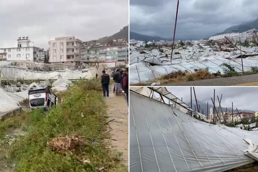 Anamur'da zarar gören seralar ve devrilen araç