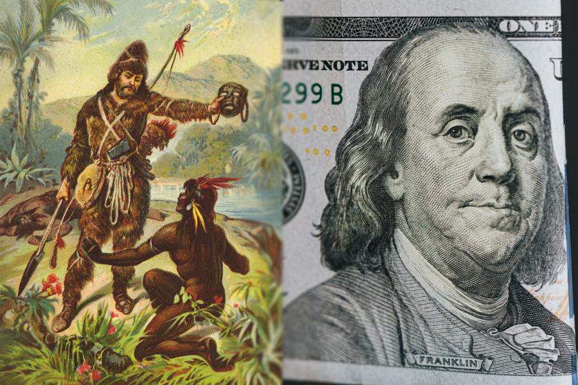 Robinson Crusoe çizimi ve dolar fotoğrafı