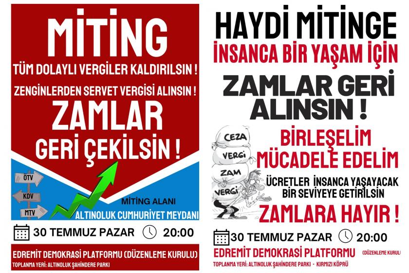 Edremit Demokrasi Platformunun 30 Temmuz'da gerçekleştireceği mitingin duyuru afişleri