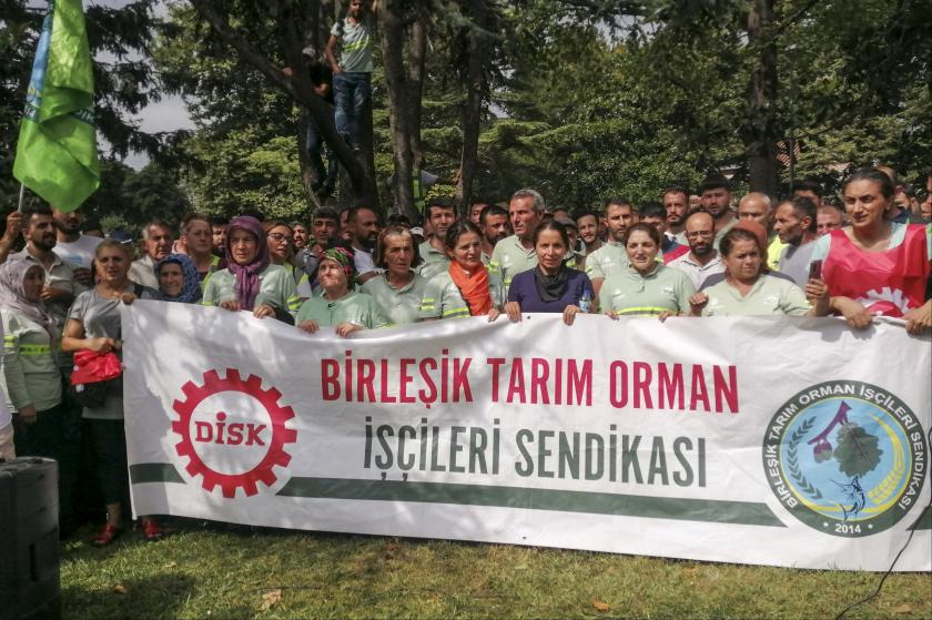 İstanbul Saraçhane'de bir araya gelen DİSK’e bağlı Birleşik Tarım-Orman İşçileri basın açıklaması düzenliyor.