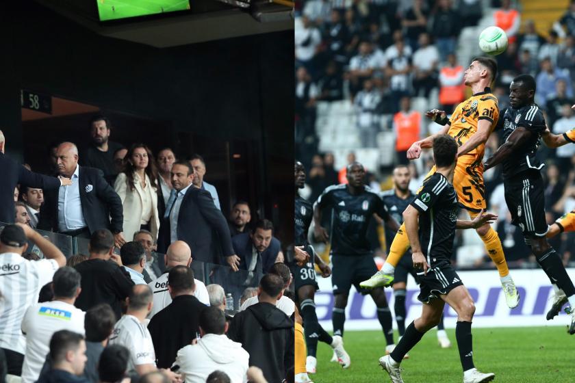 Mehmet Büyükekşi stadı terk ederken (solda), Beşiktaş ve Lugano'lu futbolcular sahada (sağda)