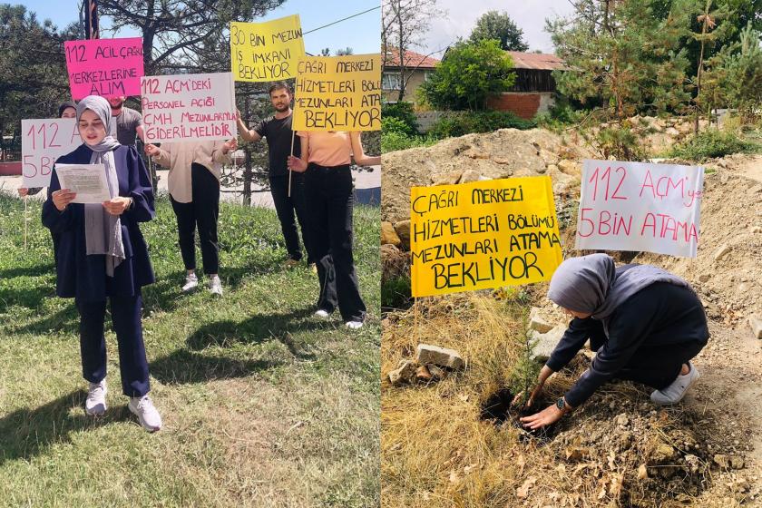 fidan diken ve ellerinde pankar tutan mezunlar