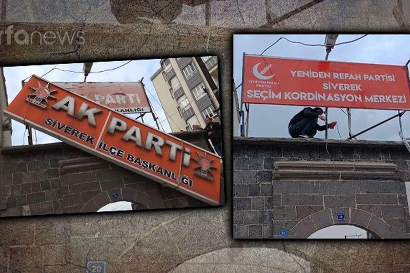 sökülen AKP tabelası ve monte edilen YRP tabelası