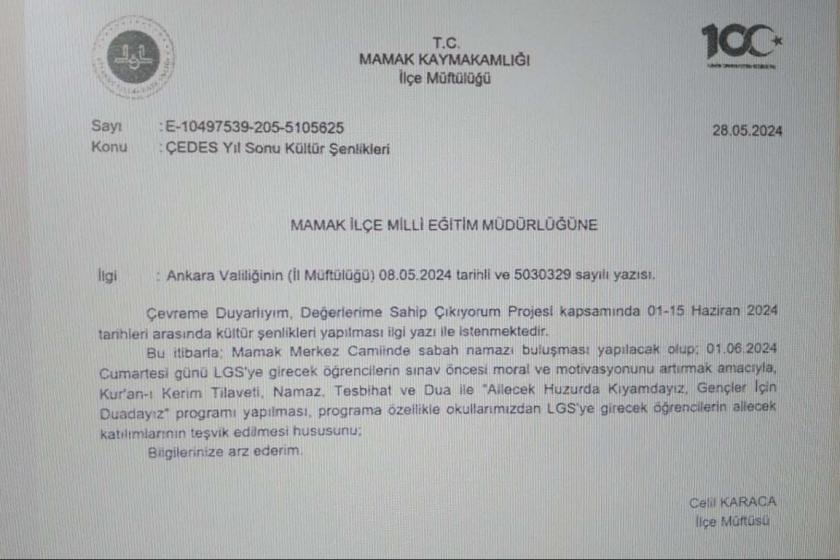 Mamak İlçe Müftülüğünün, İlçe Milli Eğitim Müdürlüğü'ne gönderdiği yazı