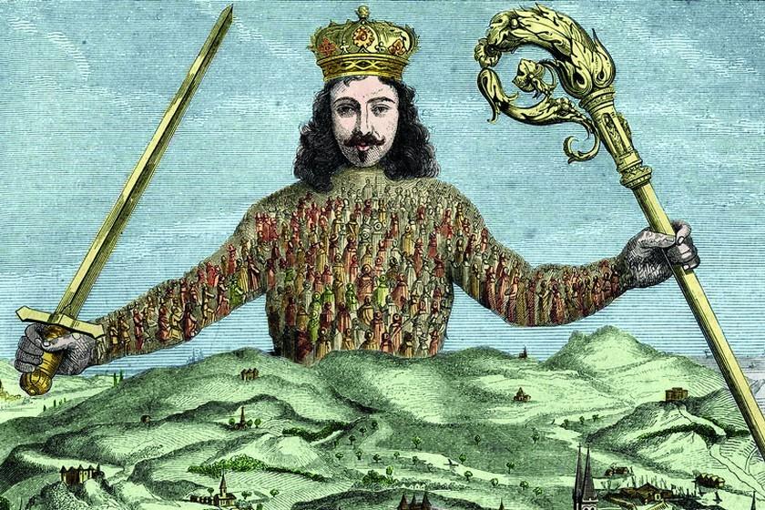 Thomas Hobbes'un 'Leviathan' adlı kitabının kapağında devlet, insan bedenlerinden oluşan bir canavar olarak tasvir edilir.