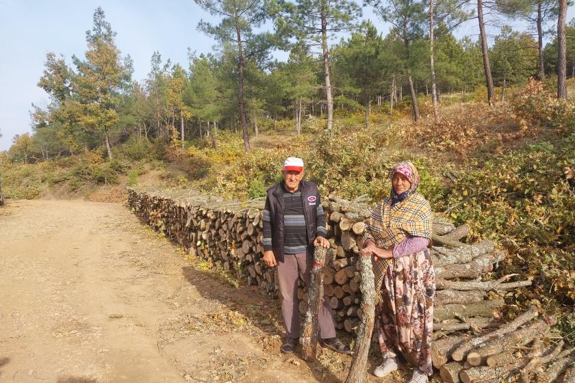 Kazdağı'nda kesilen ağaç parçaları önünde duran yaşlı kadın ve erkek