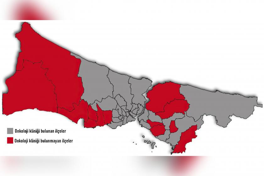 İstanbul'da onkoloji kliniği bulunan ve bulunmayan ilçelerin haritası.