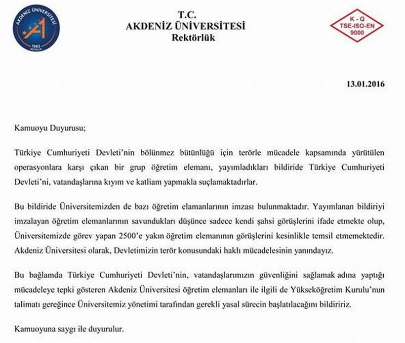 Barış talebine bir soruşturma da Akdeniz Üniversitesi’nden