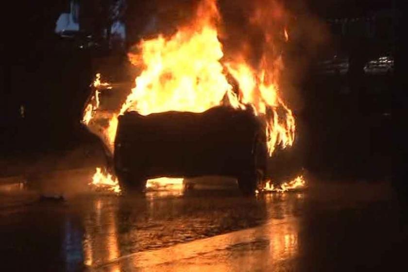 Cipini yaktı, lastiklerini patlattı, gözaltına alındı