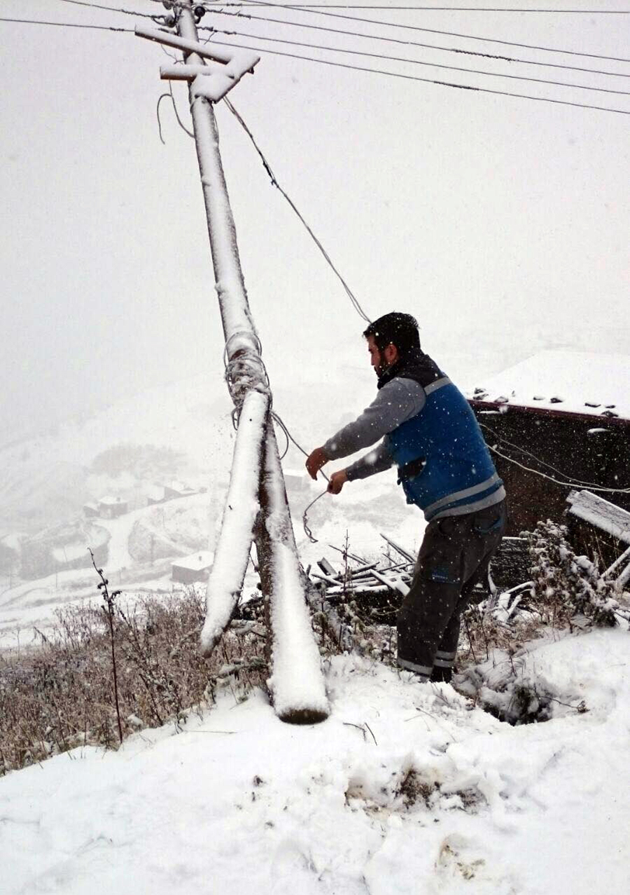 Trabzon Of'a bağlı sarmaşık köyünde fırtına ve kar nedeniyle direkler devrildi.