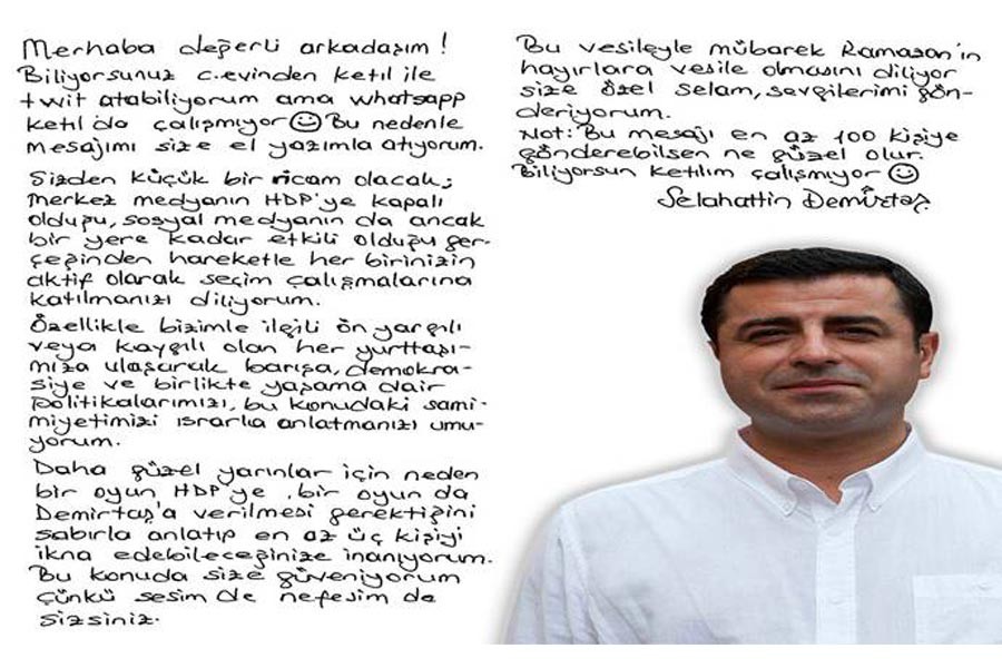 Demirtaş'tan mektup: Bu mesajı en az 100 kişiye gönderebilsen...