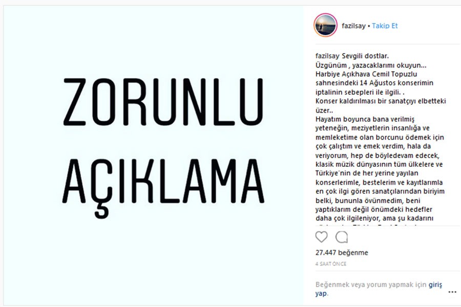 Harbiye Açıkhava konseri iptal edilen Fazıl Say'dan 'zorunlu açıklama'