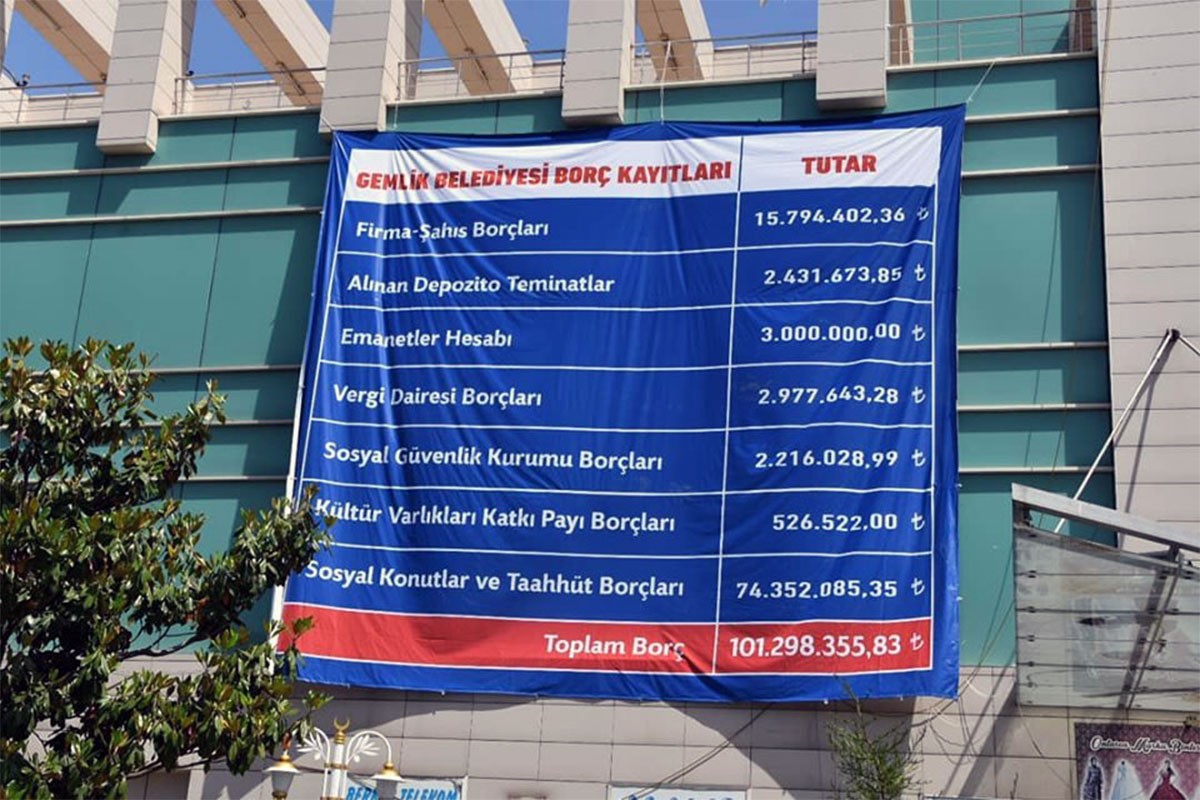 Gemlik Belediyesinin 101 milyonluk borç listesi kent merkezine asıldı