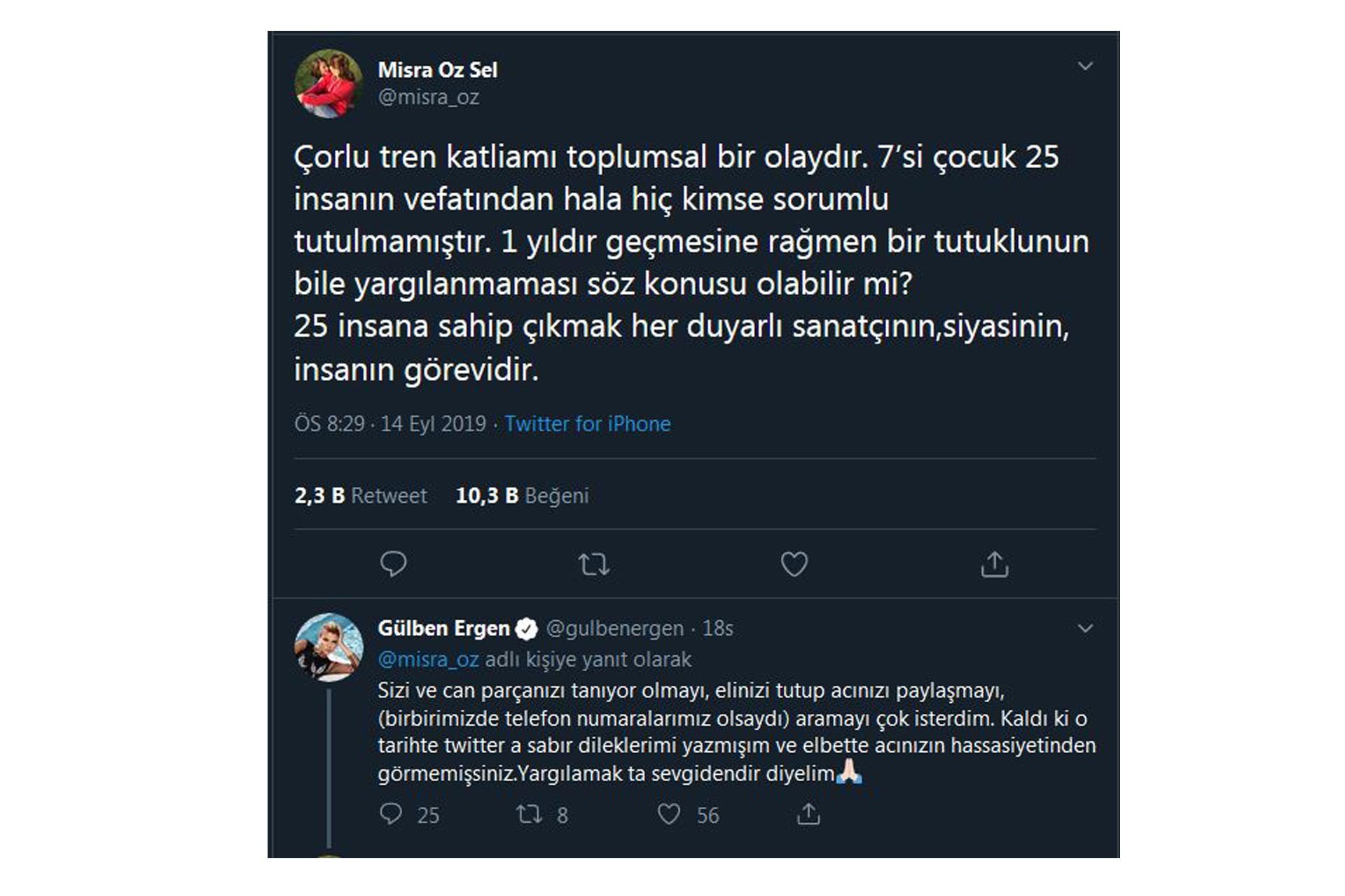 Çorlu tren faciasında oğlunu kaybeden Mısra Öz Sel'den Gülben Ergen'e tepki