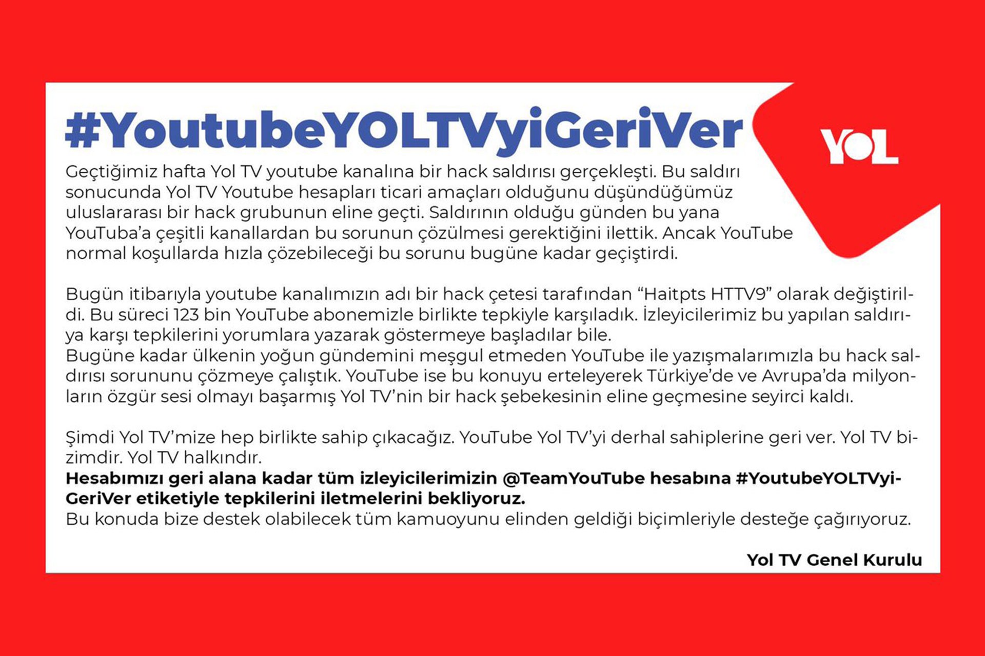 Sosyal medyada #YoutubeYOLTVyiGeriVer kampanyası