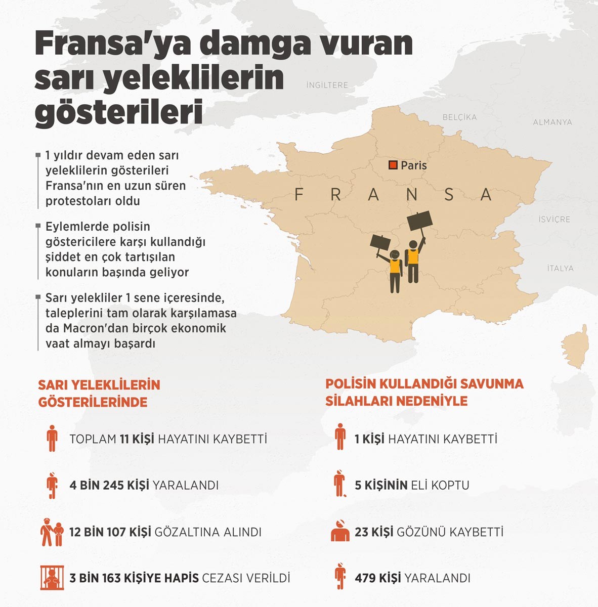 Sarı yeleklilerin 1 yıldır süren eylemleri ile ilgili bilgi veren infografik