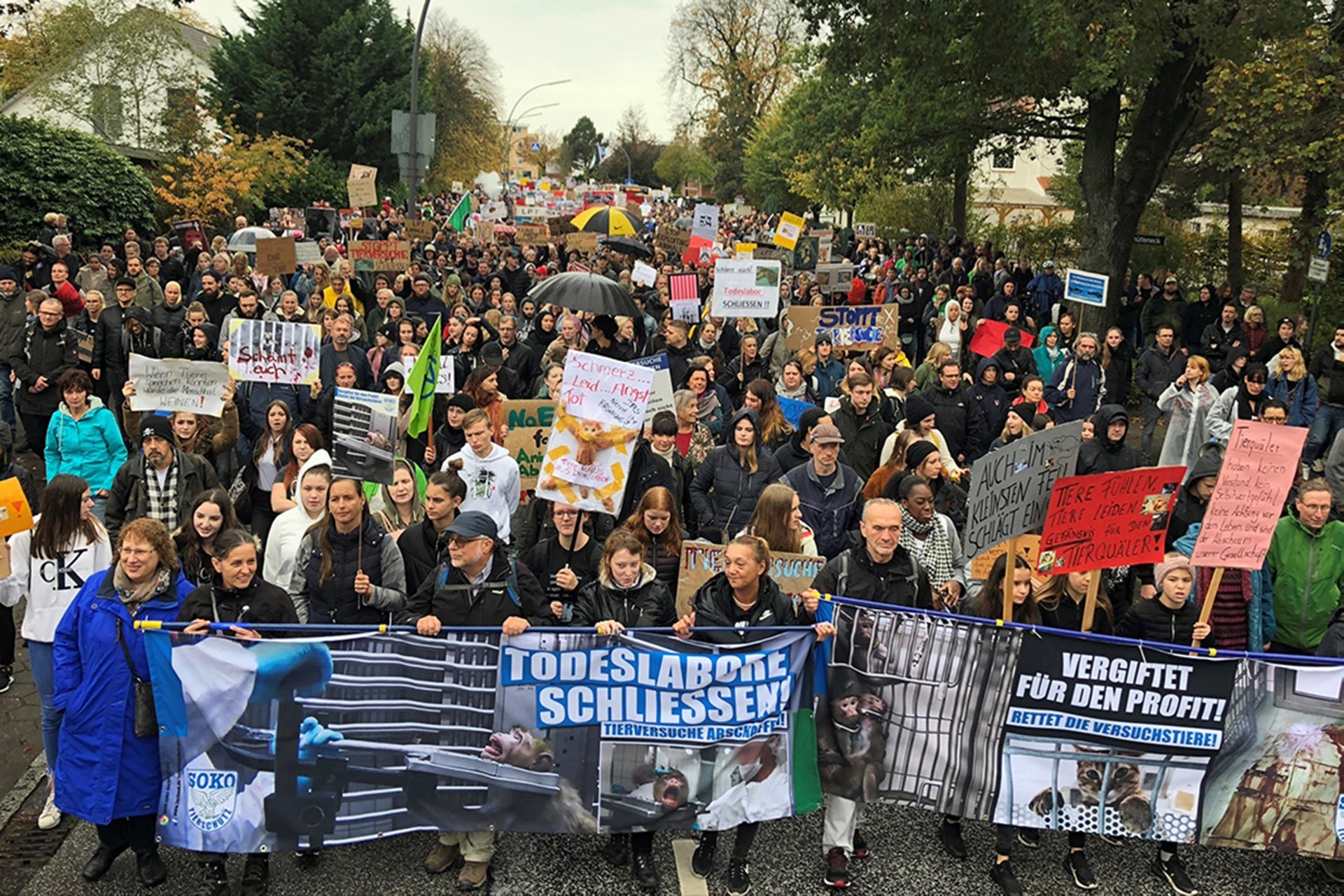 Hamburg'daki hayvan hakları mitingine katılanlar, ellerinde 'Ölüm laboratuvarı kapatılsın!' ve 'Kâr için zehirlendi!' yazılı pankartlarla yürürken