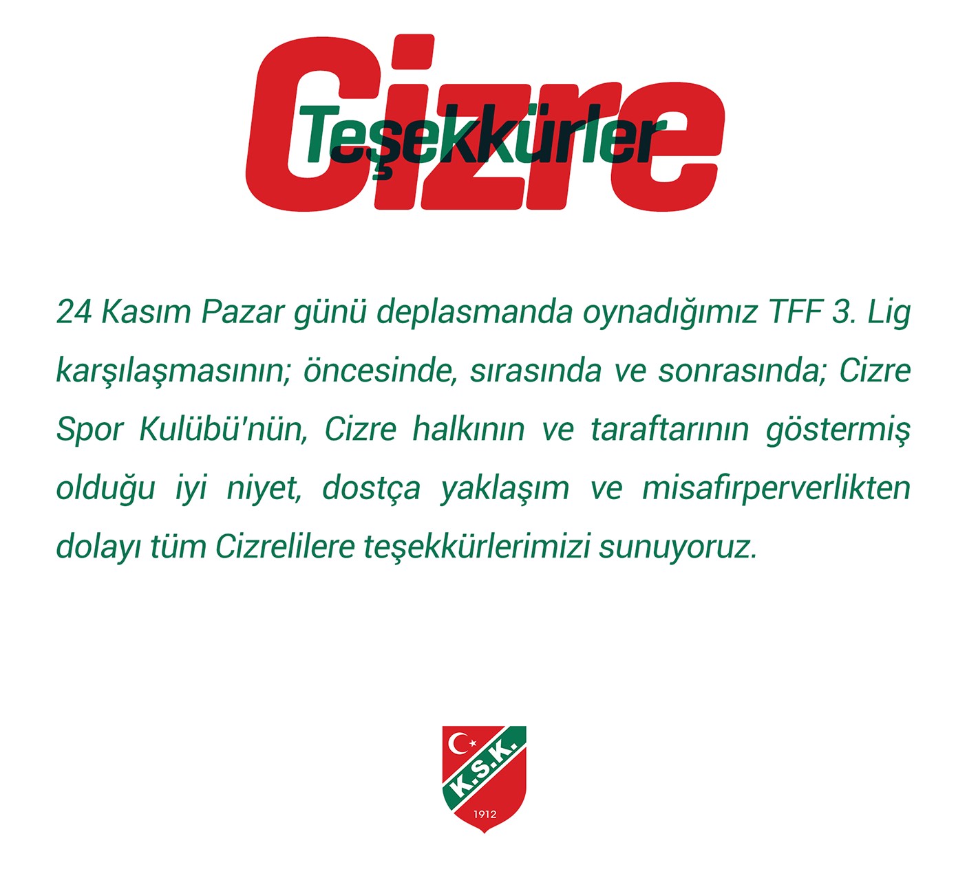 Karşıyaka Spor Kulübü'nün teşekkür mektubu