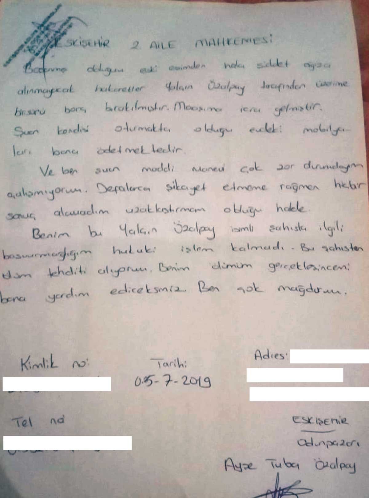 Eski eşi tarafından öldürülen Ayşe Tuba Arslan'ın dilekçesi