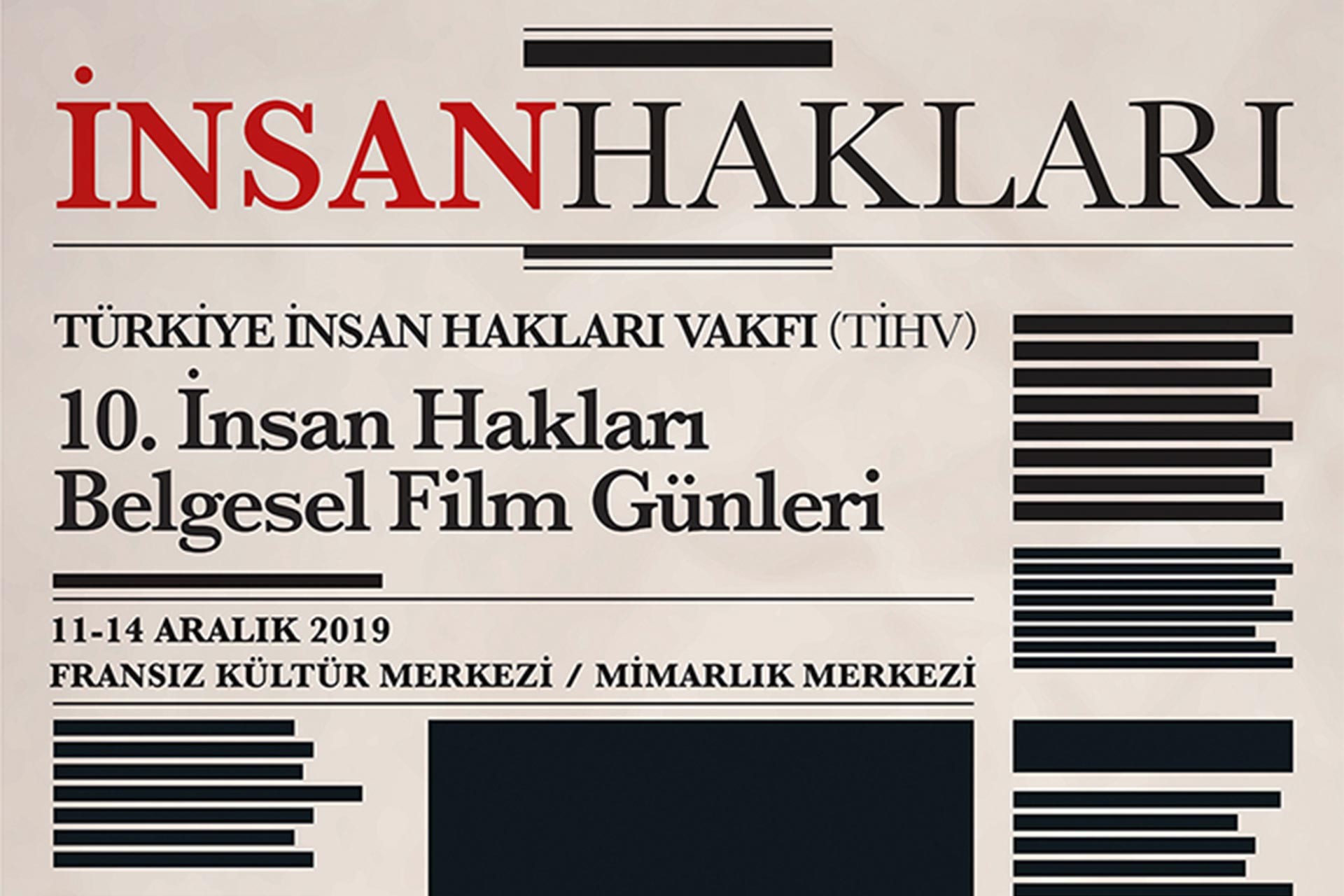 Gazete sayfası şeklinde tasarlanmış 10. İnsan Hakları Belgesel Film Günleri afişi