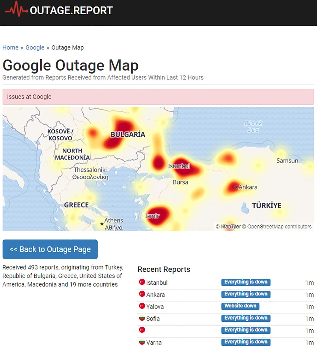 Google'ın servisdışı olduğu bölgeleri gösteren harita