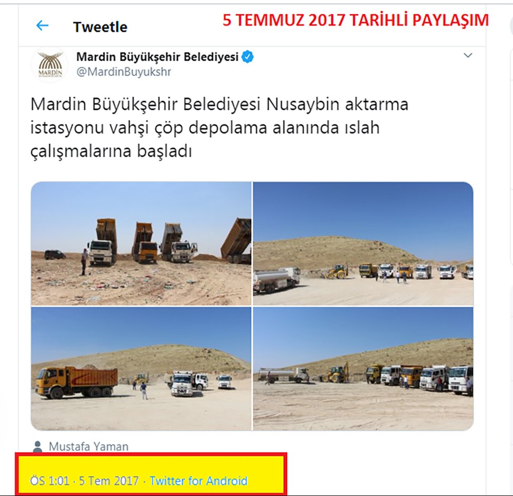 Belediyenin ıslah çalışmalarının başladığına dair 5 temmuz 2017 tarihli tweeti