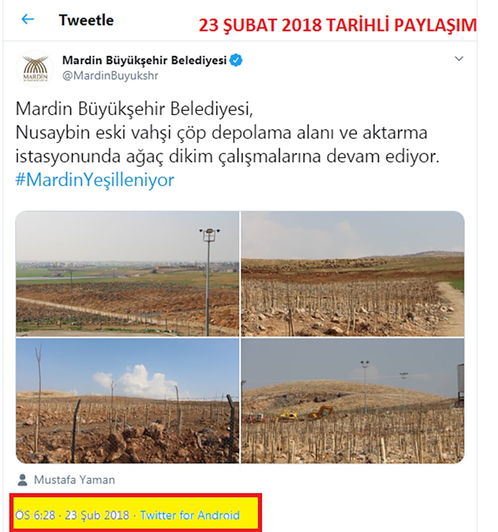 Belediyenin ıslah çalışmalarının devam ettiğine dair 23 şubat 2018 tarihli tweeti