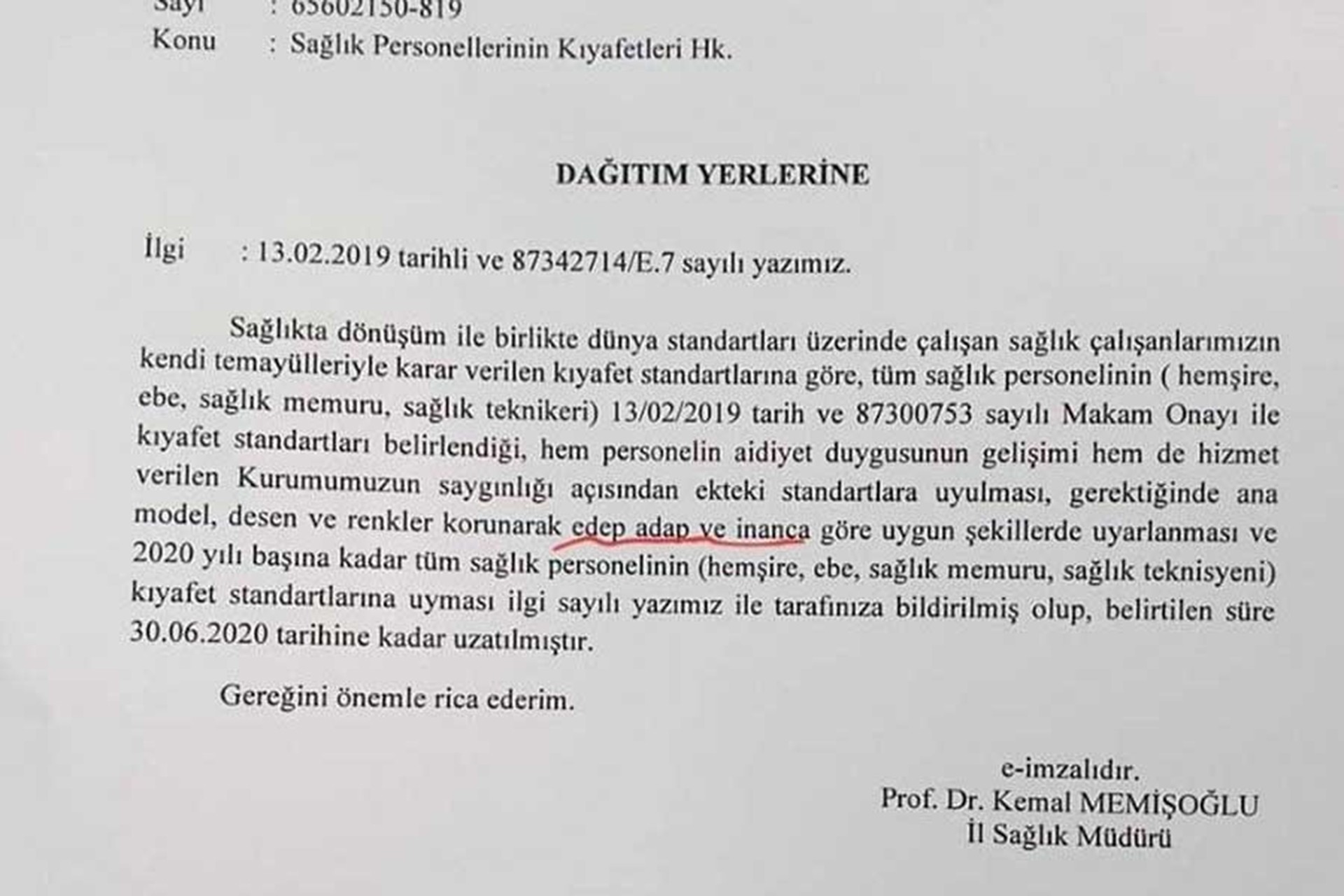 Sağlık Müdürlüğünce kurumlara gönderilen kıyafet yazısı