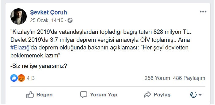 Şevket Çoruh'un Facebook paylaşımının ekran görüntüsü.