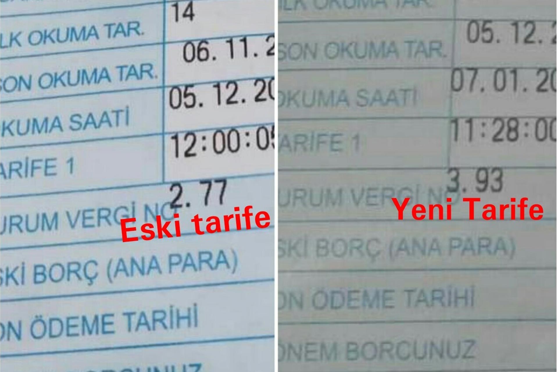 Van'da su zammı yapılmadan önce ve yapıldıktan sonra çekilmiş iki su faturası fotoğrafı