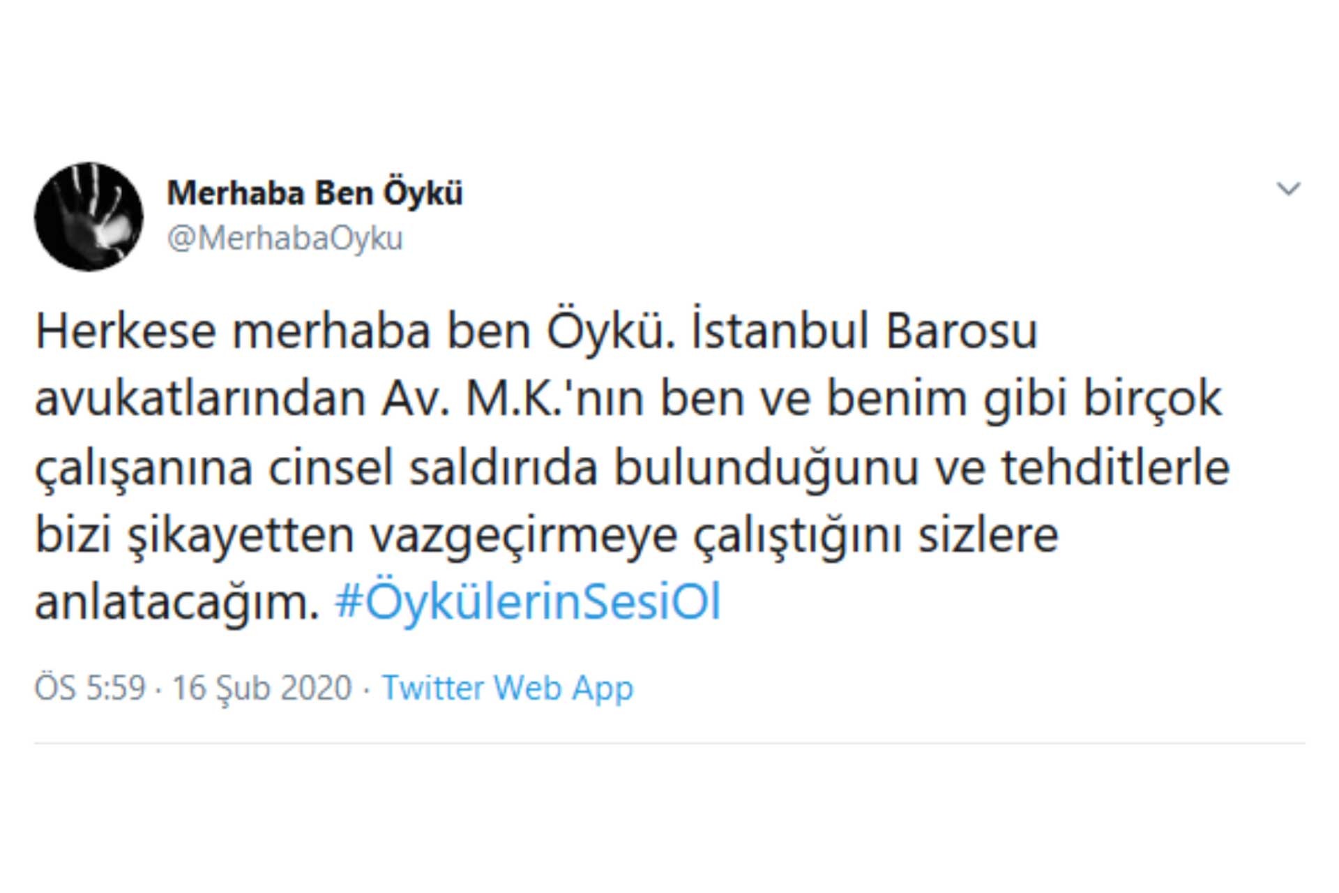 M.K.'nın cinsel saldırısına uğradığını duyuran Öykü'nün sosyal medya paylaşımı.