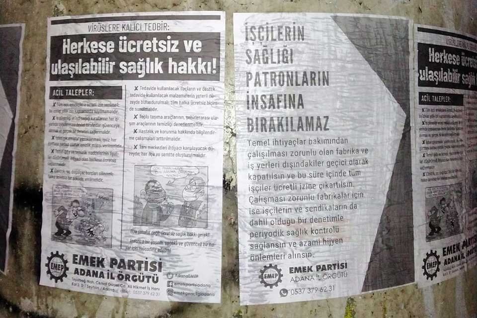 Adana'da para cezası verilen Emek Partisi üyelerinin astıkları koronavirüse ilişkin duvar gazeteleri 