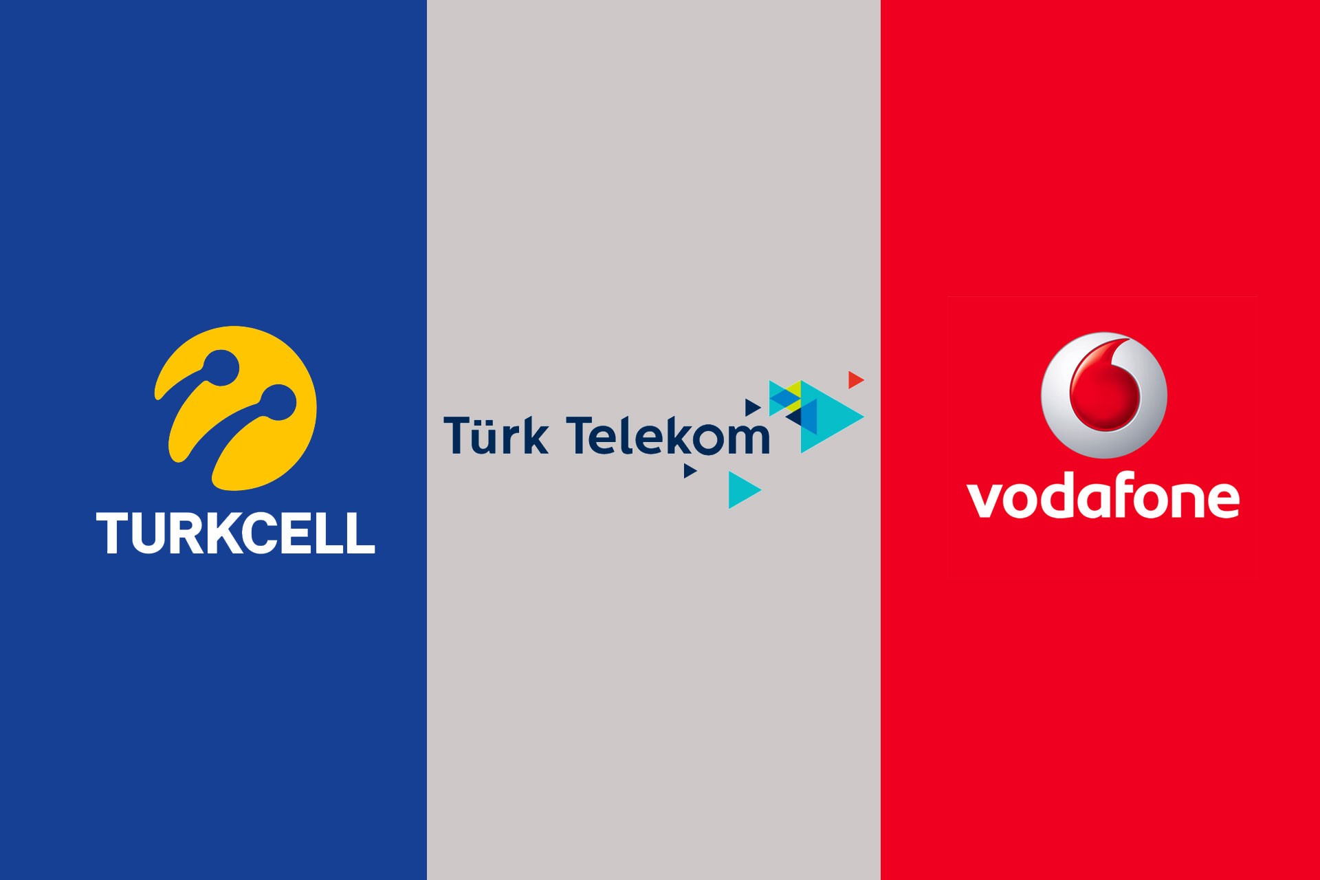 Soldan sağa Turkcell, Türk Telekom ve Vodafone logoları.