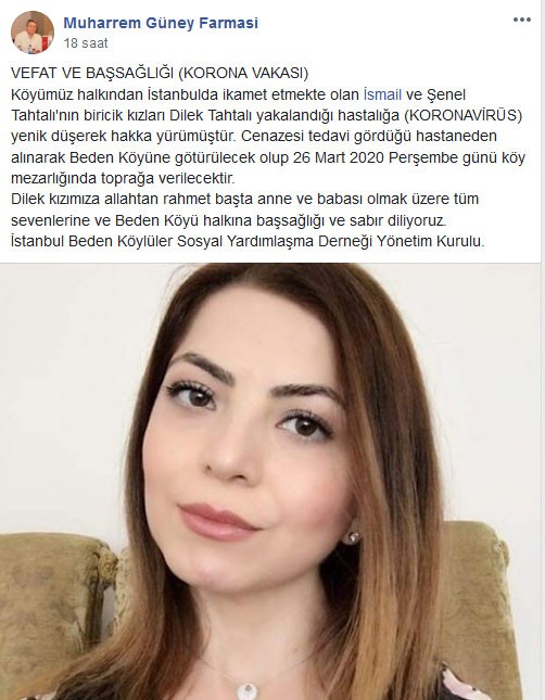 Dilek Tahtalı'nın hayatını kaybetmesi sonrası İstanbul Beden Köylüler Sosyal Yardımlaşma Derneğinin Facebook'tan yaptığı paylaşım.