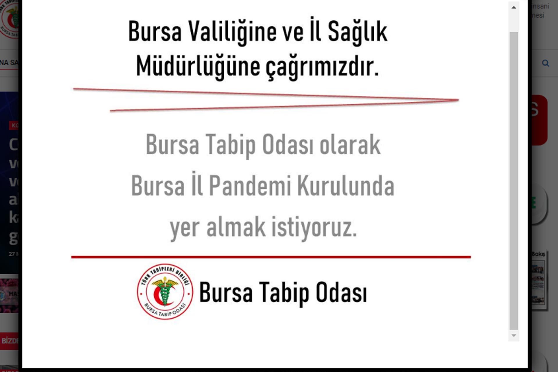 Bursa Tabip Odasının pandemi kuruluna katılma çağrısı