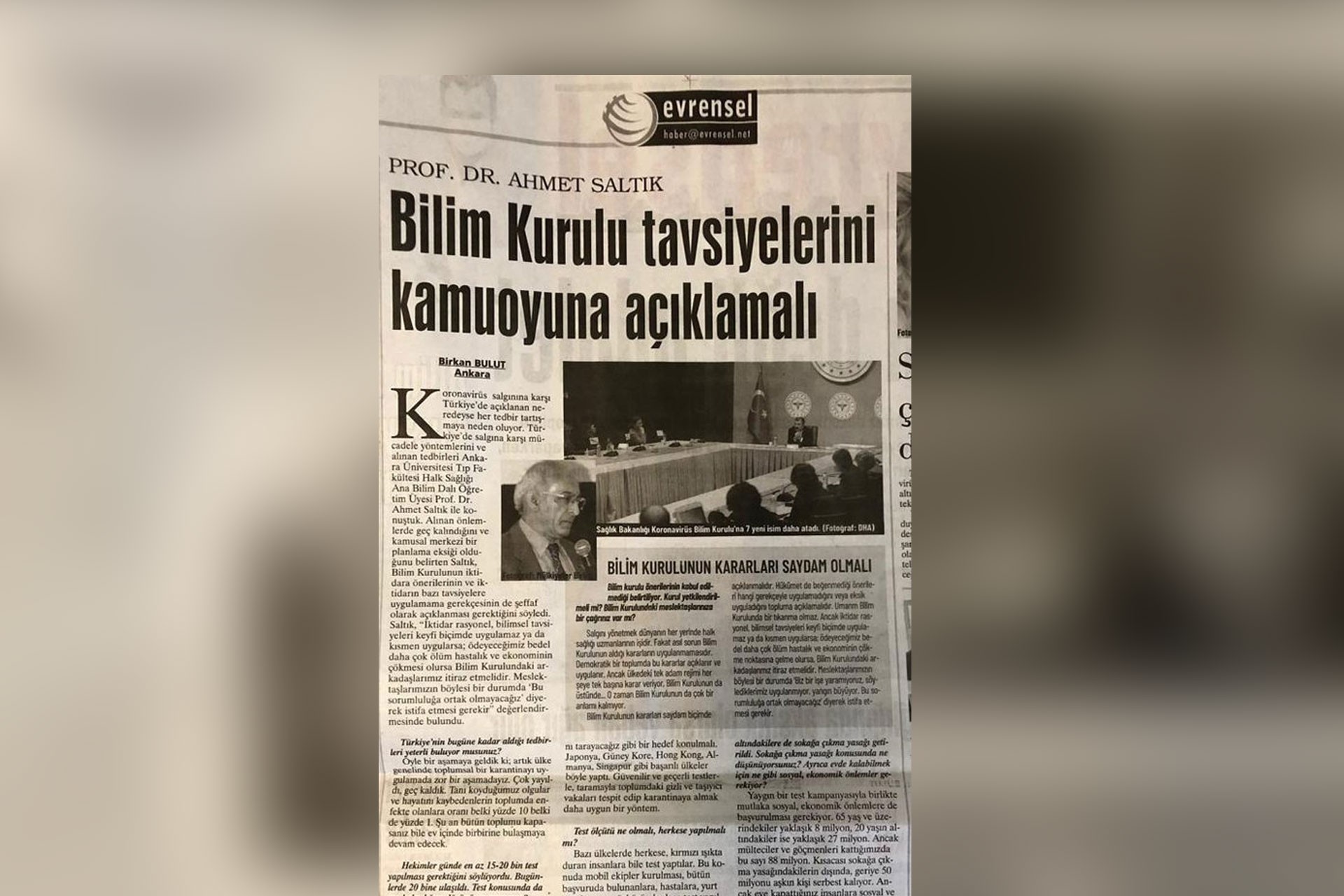 Prof. Dr. Ahmet Saltık'ın röportajının gazete küpürü