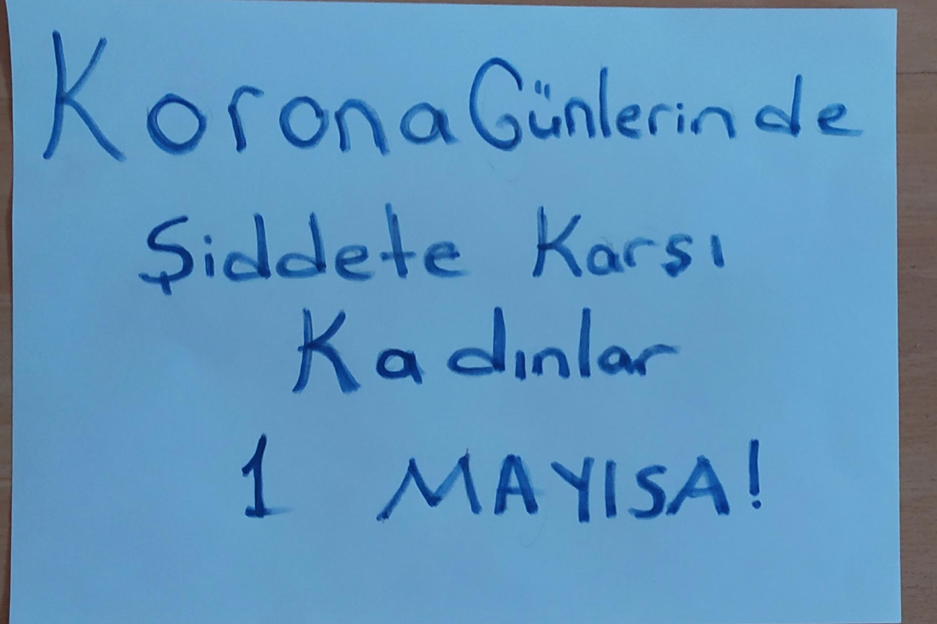 'Korona günlerinde şiddete karşı kadınlar 1 Mayıs'a' yazılı döviz.